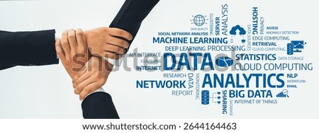 This image showcases hands joining together with a word cloud featuring terms related to data analytics, big data, cloud computing, and machine learning, emphasizing collaboration. Amity