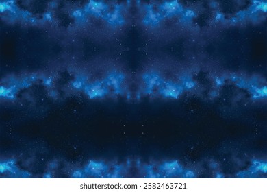 This image showcases a mesmerizing deep-space scene with a symmetrical, mirrored effect. The dark expanse of space is illuminated by glowing blue nebulas and scattered stars, creating a cosmic 