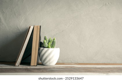 This image showcases a minimalist arrangement of books and a succulent plant in a chic pot on a warm wooden shelf, perfect for modern interior decor. - Powered by Shutterstock