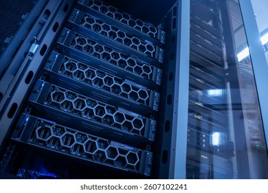 This image showcases a modern data center filled with high-performance servers, emphasizing advanced technology, efficient cooling, and robust infrastructure.