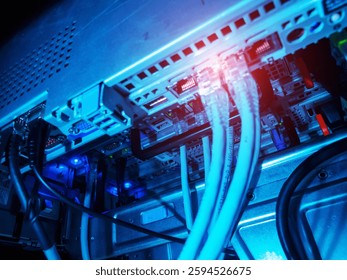 This image showcases network cables connecting devices in a server rack, illuminated by blue lighting, highlighting modern technology and data infrastructure.