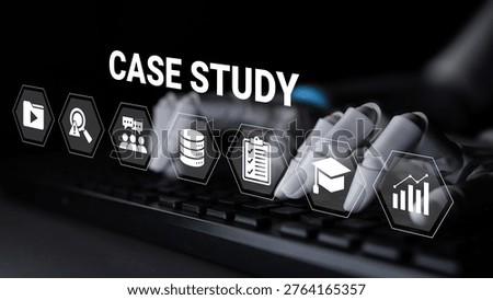 This image showcases a robotic hand typing on a keyboard, emphasizing the concept of case studies with various icons related to data and information. Ideal for educational or tech themes. Ledger