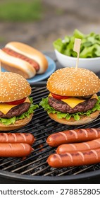 This image showcases a selection of grilled burgers and hot dogs, complemented by a fresh green salad. The composition highlights the food against a soft, blurred background, suggesting an outdoor setting with natural light. The photograph could be used for various commercial projects related to food, cooking, and leisure.