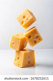 This image showcases a stack of cheese cubes, each with characteristic holes, creating a visually appealing and appetizing composition isolated on white background