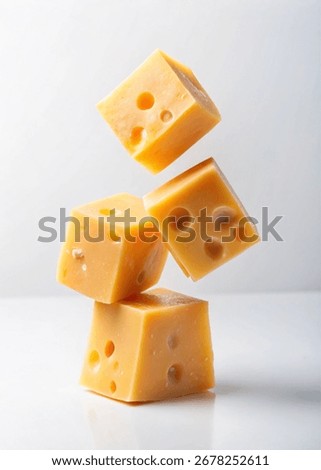 This image showcases a stack of cheese cubes, each with characteristic holes, creating a visually appealing and appetizing composition isolated on white background