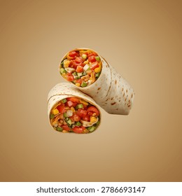 This image showcases two halves of a vegetable wrap filled with a colorful mix of fresh ingredients such as lettuce, tomatoes, and corn. The wrap is neatly cut and displayed against a simple background, highlighting the vibrant and appetizing contents inside. It is an ideal representation of a healthy and nutritious meal option, perfect for a quick lunch or snack.