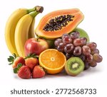 This image showcases a vibrant and appetizing arrangement of fresh fruit including bananas papaya apples oranges grapes kiwi and strawberries. The colorful selection is artfully arranged on a clean white background making it perfect for use in advertising recipes or health and wellness materials. The image highlights the natural beauty and variety of these popular fruits.