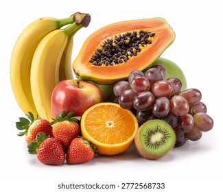 This image showcases a vibrant and appetizing arrangement of fresh fruit including bananas papaya apples oranges grapes kiwi and strawberries. The colorful selection is artfully arranged on a clean white background making it perfect for use in advertising recipes or health and wellness materials. The image highlights the natural beauty and variety of these popular fruits.