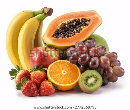 This image showcases a vibrant and appetizing arrangement of fresh fruit including bananas papaya apples oranges grapes kiwi and strawberries. The colorful selection is artfully arranged on a clean white background making it perfect for use in advertising recipes or health and wellness materials. The image highlights the natural beauty and variety of these popular fruits.