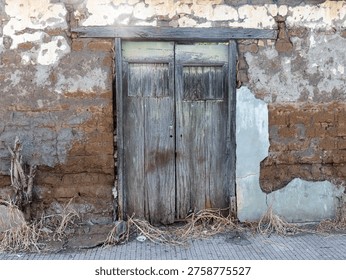 This image showcases a weathered, rustic wooden door set into an old adobe wall. The scene captures the textures and architectural details of a bygone era.
