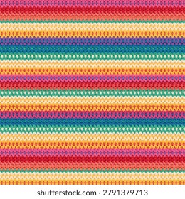 This image shows a close-up, top-down view of a vibrant, multi-colored knitted or crocheted textile pattern. The fabric features horizontal, repeating rows of varied, intricate stitching. It showcases a diverse color palette including bright shades of red, pink, orange, yellow, green, teal, blue, purple, and off-white. The interlocking loops create a distinct geometric texture with small, uniform openwork details. The construction resembles a dense, high-quality yarn material. The stripes vary in color sequencing to establish a complex, harmonious pattern. This lively design is typical of bohemian-style knitwear, handmade blankets, and playful winter accessories.