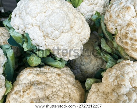 This image shows a close-up view of a pile of fresh cauliflower heads with green leaves. The cauliflowers are white and have a slightly textured surface. They appear to be freshly picked and are likely to be used in a variety of dishes, from salads to soups. The image highlights the beauty of nature's bounty and the importance of healthy eating.