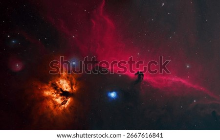 This image shows the Flame Nebula and Horsehead Nebula in all its glory. A combination of 40 hours of Hydrogen Alpha and Ionized Oxygen with 2 hours of RGB Stars.