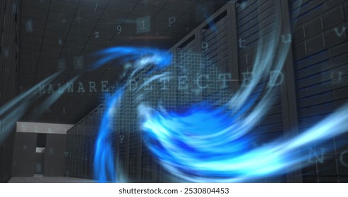 This image shows how data processing works over a server room. The blue light represents the data being processed, and the movement shows how it is transferred between servers.