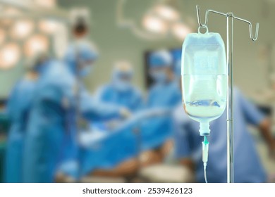 This image shows an intravenous (IV) fluid bag hanging in the foreground of an operating room. In the background, medical professionals dressed in surgical attire are actively engaged in a medical. - Powered by Shutterstock