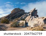 This image shows landmark rock formations at Vaszquez Rocks Natural Area in Agua Dulce, California. These land features have long been used as a backdrop for many movies and commercials.