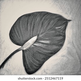 This image shows a large leaf in black and white or grayscale, which appears to be the leaf of an Anthurium.
Characteristics of the image:
The leaf has a heart-shaped shape, which is a characteristic 