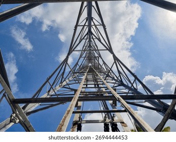 This image shows a low-angle perspective of a lattice steel communications or transmission tower,looking up towards the sky