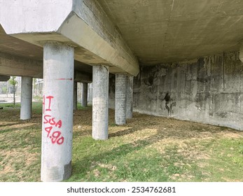 This image shows a row of columns on the understructure of the bridge that create a rhythm located on the highway.