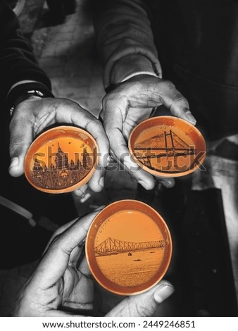 in this image shows three cups of tea and and edit of the popular histprical places of kolkata