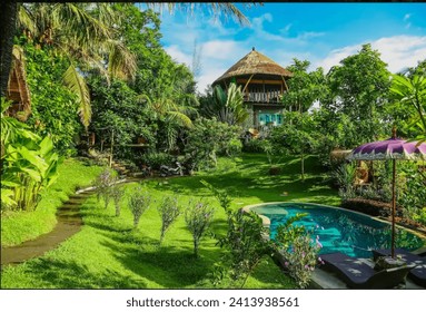 This image shows a treehouse located in Bali, Indonesia. This treehouse is one of the most popular Airbnb rentals, and offers a view of a beautiful garden and a clear swimming pool. 