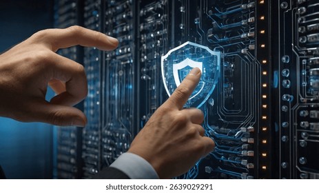 This image shows two hands, with one pointing to a glowing shield icon, symbolizing cybersecurity or data protection, against a backdrop of intricate electronic circuit boards.