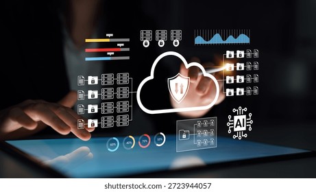 This image shows a visual representation of cloud security combined with artificial intelligence displayed on a tablet. It highlights data protection and privacy in technology. Gantry