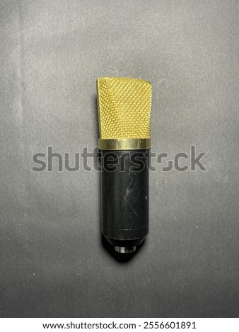 This is an image of a studio condenser microphone with a golden mesh grille and a black cylindrical body, placed against a dark background.