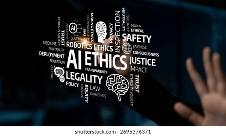 This image visually represents the key principles of AI ethics, focusing on transparency, safety, justice, and legal frameworks crucial for responsible technology governance. Tessel
