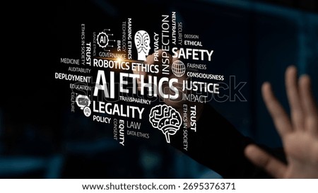This image visually represents the key principles of AI ethics, focusing on transparency, safety, justice, and legal frameworks crucial for responsible technology governance. Tessel