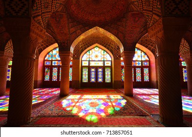 This is inside Nasir ol Molk mosque or pink mosque with low light , a very famous and beautiful traditional mosque in Shiraz , Iran 