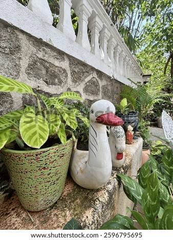 This is a lovely garden setup with a mix of potted plants and decorative ceramic pieces, including duck-shaped planters. The stone wall with white balusters in the background adds a rustic charm