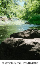 This low-angle shot captures textured rocks in the foreground, bathed in sunlight and shadow. Behind them, a gentle stream flows with glinting highlights, framed by a vibrant, out-of-focus forest.