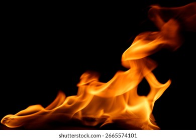 This mesmerizing image captures vibrant flames dancing in motion against a dark backdrop, showcasing dynamic energy and warmth, perfect for various projects.