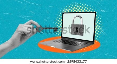 This is a metaphor for hacking personal data on computers and networks. Art collages, modern collages with images open the lock on the computer.