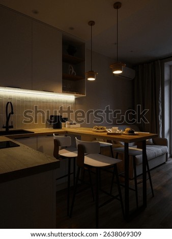 This is a modern, cozy kitchen designed with beautiful ambient lighting to enhance the vibe