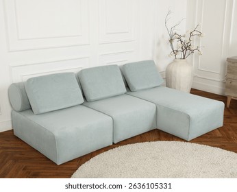 This is a modern light blue modular couch designed beautifully for stylish living rooms