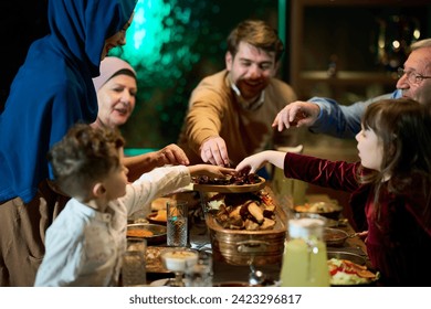 In this modern portrayal, a European Islamic family partakes in the tradition of breaking their Ramadan fast with dates, symbolizing unity, cultural heritage, and spiritual observance during the holy - Powered by Shutterstock