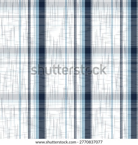 This is a modern vertical plaid pattern featuring a sophisticated textured linen effect in shades of navy and light blue.
