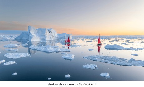 This panoramic shot captures two sailboats with striking red sails navigating a serene, ice-filled sea as the sun sets over the horizon. Towering icebergs and smaller floating ice chunks, or growlers,