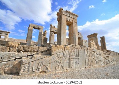 This is Persepolis ancient city with beautiful and blue sky , famous place to visit ,one of world heritage site , UNESCO in Shiraz , Iran 