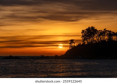 This photo captures a breathtaking sunset over the sea, with golden skies and a peaceful shoreline. The silhouetted trees and calm waters create a serene, tranquil scene. - Powered by Shutterstock