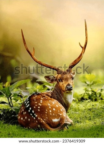 This is a photo of a deer lying down in the grass. It is an outdoor shot of a white-tailed deer, with its antlers visible. The deer appears to be a fawn. 