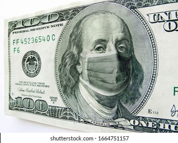 This Photo Illustration Of Ben Franklin Wearing A Healthcare Surgical Mask On A One Hundred Dollar Bill Illustrates The Many Problems Of The   Coronavirus, Including Medical, Travel  And Economic. 