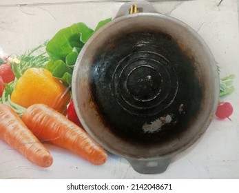 This photo is out of focus, the bottom of the black cauldron or pan because it is often heated on the stove, vegetable background wallpaper