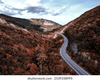 This is a photo of a road passing through the mountains in autumn time as seen from the drone. Autumn is beautiful because the thickets are patterned. - Powered by Shutterstock