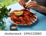 This photo showcases an enticing and fresh seafood scene. A plate of vibrant red crawfish is garnished with a lemon wedge. A person is seen peeling a crawfish, preparing to enjoy the meal.