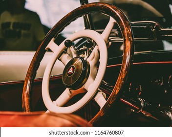 This Photo Was Taken At The Mercedes-Benz Museum , Stuttgart / Germany - August 5th, 2014: The Steering Wheel Of A Historic Mercedes-Benz Car