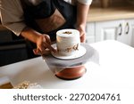 In this photo, we see a skilled pastry chef meticulously decorating a cake with precision and creativity.  The array of tools and ingredients surrounding the chef reveals the level of expertise 