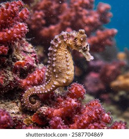 This photograph captures the enchanting beauty of a seahorse